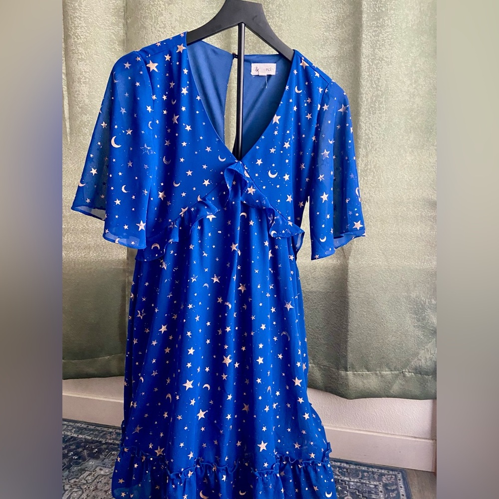 &Merci Sorcerer Navy Star and Moon Chiffon Mini Dress